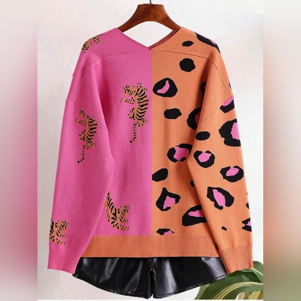 Leopard Print Women's Button Up Sweater - Picture 3 of 5